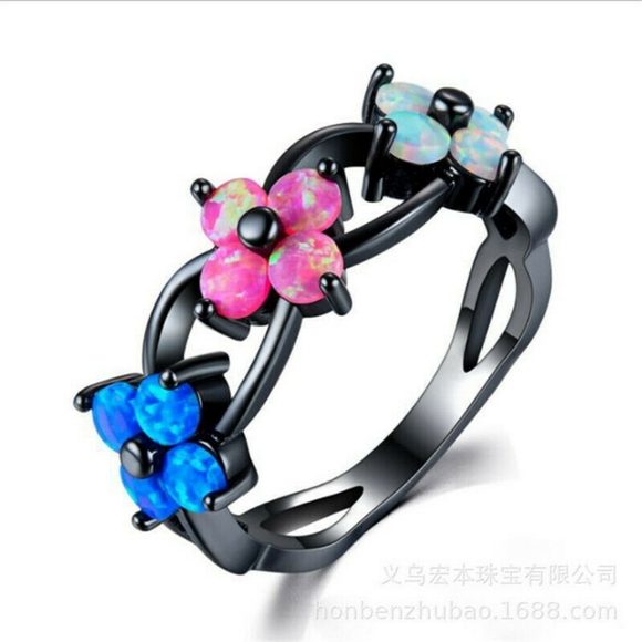 Black Gold Filled Fire Opal Floral Ring - Picture 1 of 5